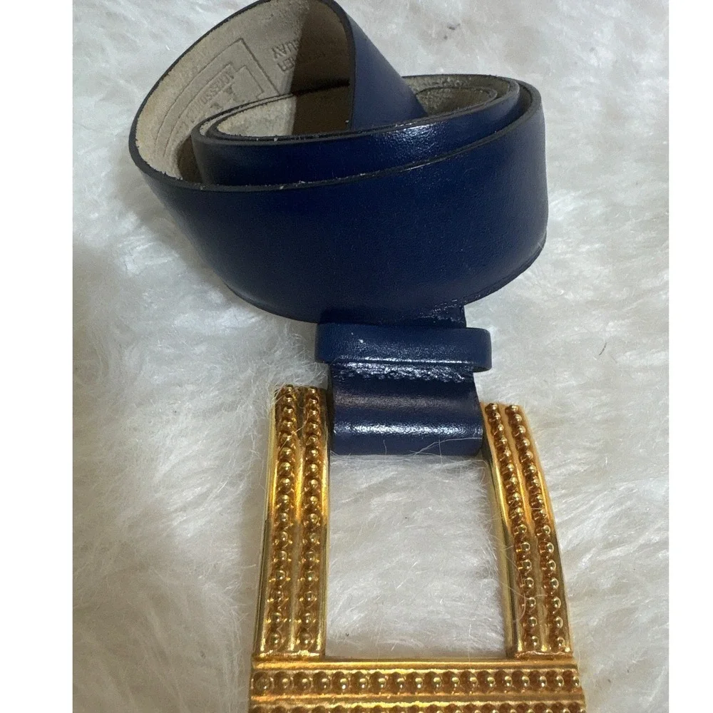 The Ritz Accessories Vintage Classy Belt Womens 26-29 Navy Blue Leather Gold